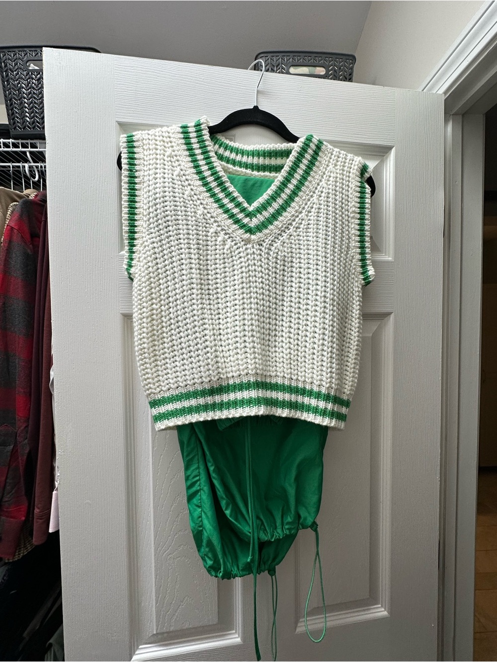 Sadie & Sage Green and White Striped Knit V-Neck Sweater Vest and matching pants